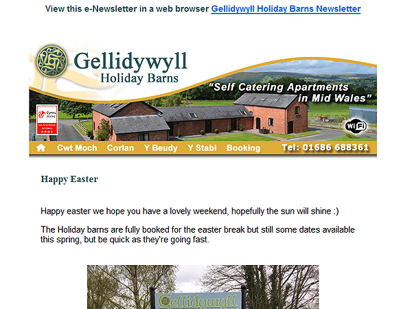 Gellidywyll Holiday Barns e-Newsletter eMarketing - Llandinam, Powys